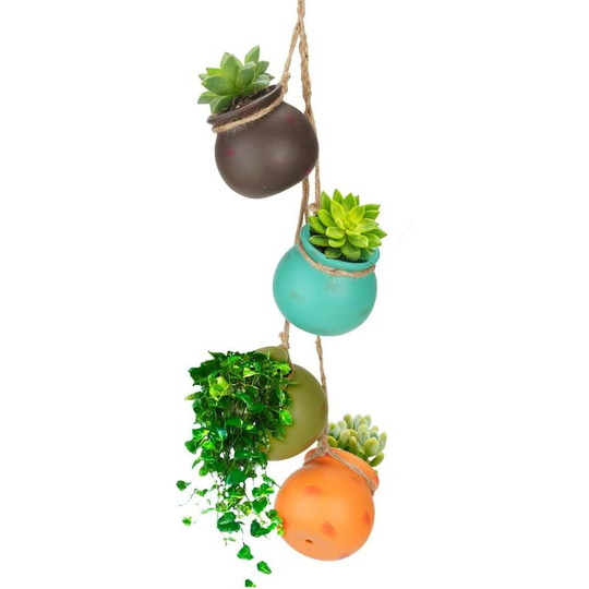 Tinor - 4 Pcs Mini Hanging Planter, Ceramic Hanging Planter Pots Vase, Multicolor Succulent Planters with Jute Rope, Macrame Flower Pot Decoration