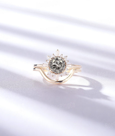 Vintage Salt & Pepper Diamond Engagement Ring Set Art Deco Yellow Gold Unique Moissanite/Diamond Anniversary Promise