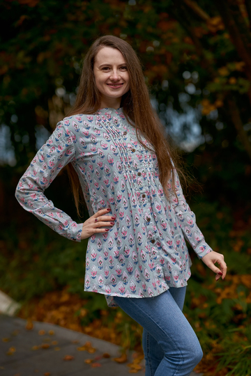 New Layanah Tunic Shirt, Pure Cotton, Hand Block Printed, Bohemian, Casual-Occasional, Blue, Pink, All Season, Handcrafted, Ethical Fashion