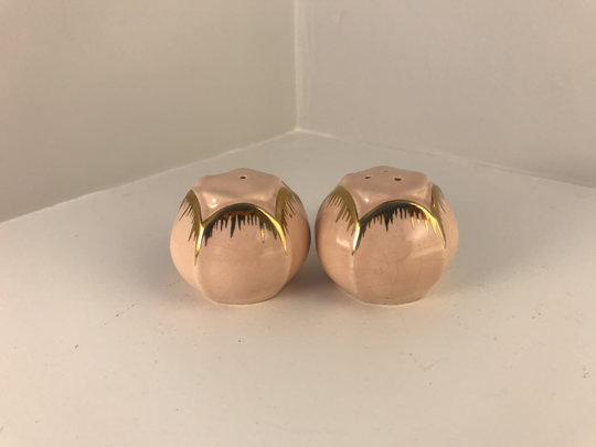 Art Deco Ceramic Salt & Pepper Shakers in Light Pink With 24K Gold Detail, Hand Painted