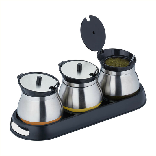Set of 3 Spice Jars, with Tray, Spoon, Lid, Glass & Plastic, Container for Herbs, 11x31x11.5 cm, Black/Silver - Relaxdays