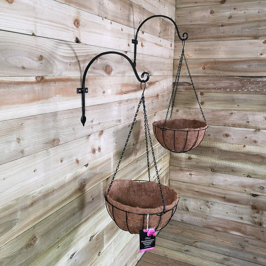 Samuel Alexander - Pack of 2 Tom Chambers Black Metal Garden Plant Hanging Basket with WaterSave Coco Fibre Liner 35cm - No Bracket