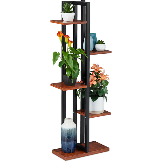 Relaxdays - Metal Flower Stand, 5-Tier Indoor Pot Shelf Ladder, Wooden Look, 117 x 43 x 22 cm, Plant Rack, Dark Brown