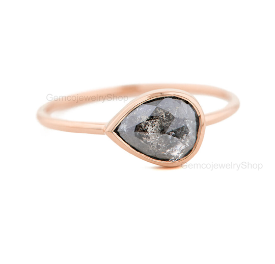 14K Solid Yellow Gold Jewelry Natural Grey Diamond Rose Cut Faye Ring Wedding Gift For Women, Pepper & Salt Proposal/Christmas