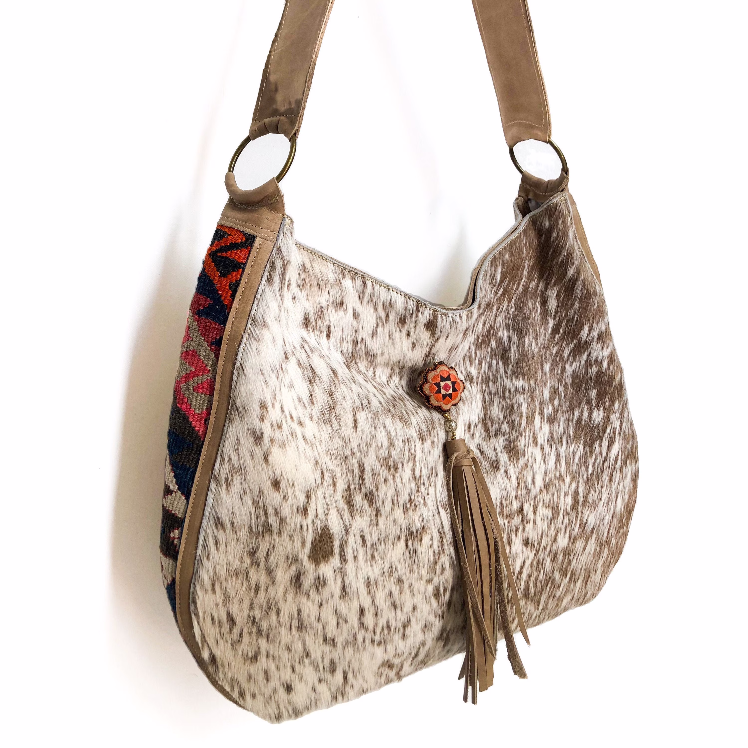 Light Brown Salt & Pepper Hair-On Cowhide Shoulder Bag With Wide Leather Strap & Wool Kilim Sides