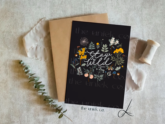 Fall Card, Stay Wild, Black Boho Greeting Card With Envelope, Hand Lettering & Seasonal Plants Greenery, Illustrated Card, Mini Print
