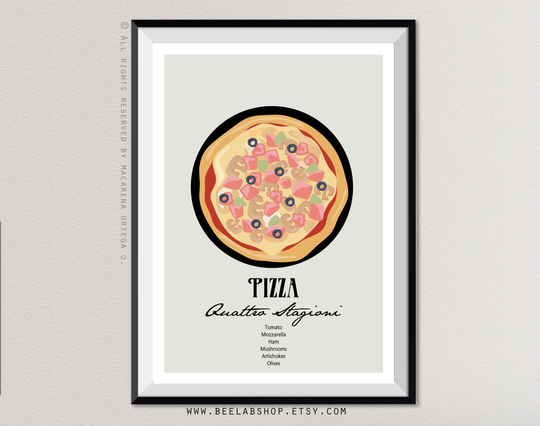 Quattro Stagioni Pizza Art Print Four Seasons Poster Ingredients Traditional Italian Kitchen Restaurant Decor | 181
