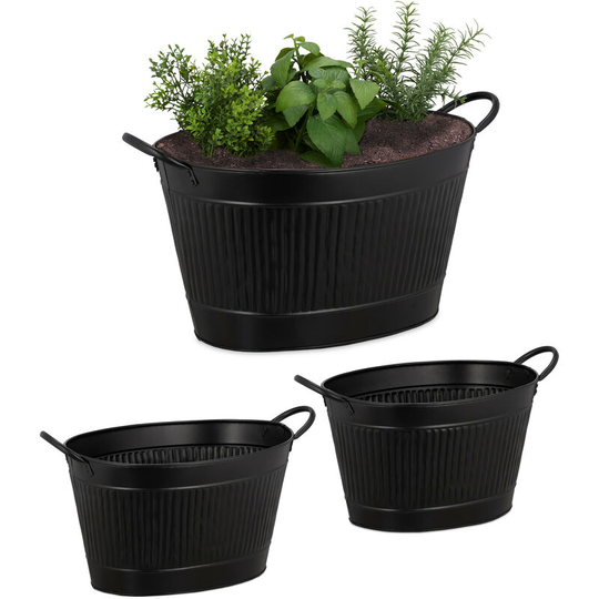 Metal Tub Set Of 3, Oval Planters In Zinc look, Waterproof, Garden,Vintage, 12, 18 & 22 l, Black - Relaxdays