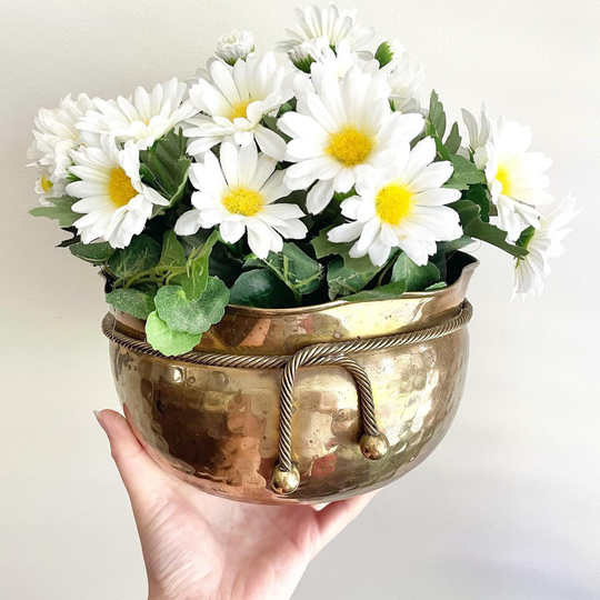 Hammered Brass Planter With Faux Daisies in Terracotta Pot