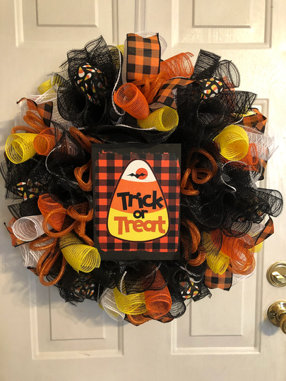 Halloween Trick Or Treat Candy Corn Deco Mesh Wreath, Decoration, Front Door Seasonal Orange & Black