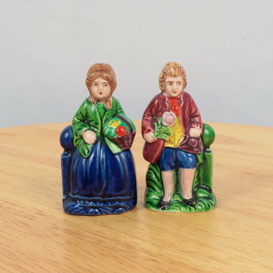 2 Vintage Salt & Pepper Shakers || Ceramic Victorian Man Woman Designs Set Of Two Made in Japan/Figural