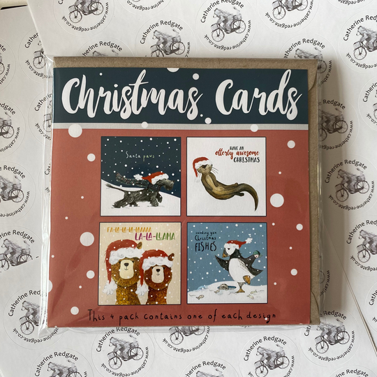 Santa Animals Pack 4 Christmas Cards Illustrated Catherine Redgate Card Xmas Pun Humour Funny Cute Winter Seasons Greetings X-Mas Dog Llama