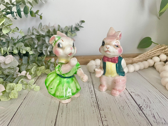 Vintage Bunny Salt & Pepper Shakers | Dancing Rabbits Green Vest Red Bow Tie Dress & Made in Japan Porcelain