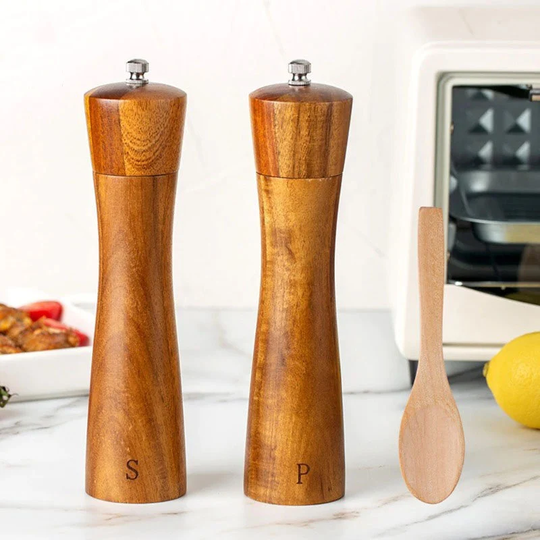 3Pcs Set Eco-Friendly Wooden Pepper Grinder, Mill With Spoon-Salt & Shakers, Grinder Hand Crafted, Gift For Barbecue Lovers