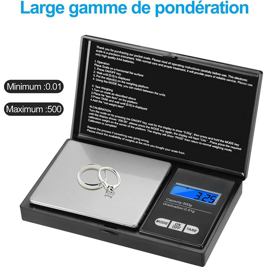 Digital Precision 500g / 0.01g, Stainless Steel Kitchen Scale with LCD Display, for Weighing Herbs, Jewelry