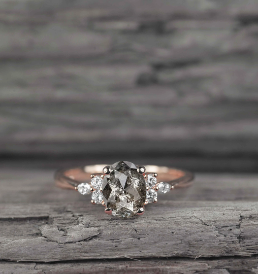 Dainty Salt Pepper Diamond Cluster Ring | Oval Galaxy Wedding & Engagement in Solid 9K/14K/18K Rose Gold Vintage