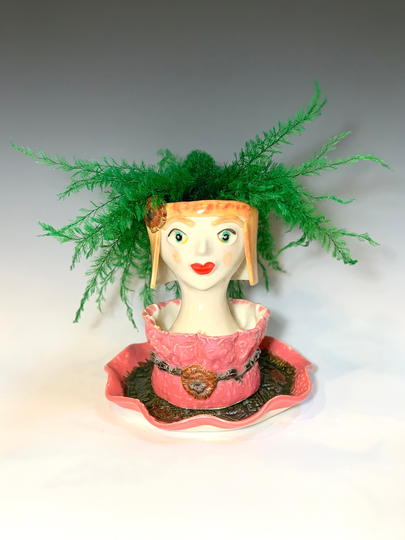 Pink Lady in Porcelain Clay Ceramic Or Pottery Planter Head Face Pot For Succulents Plants