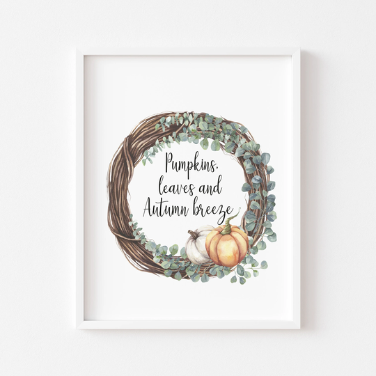 Autumn Print , Pumpkins, Leaves & Breeze Unframed Print|Seasonal Prints|Autumnal Decor|Pumpkins|Seasonal Decor|Wall Art Prints|Art