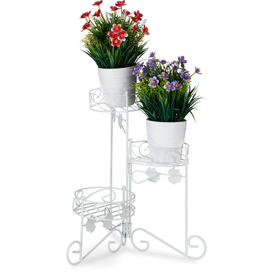 Relaxdays Metal Plant Stand, 3 Tiers, Folding, Decorative Flower Etagere, Vintage, In- & Outdoor Use, H: 40 cm, White