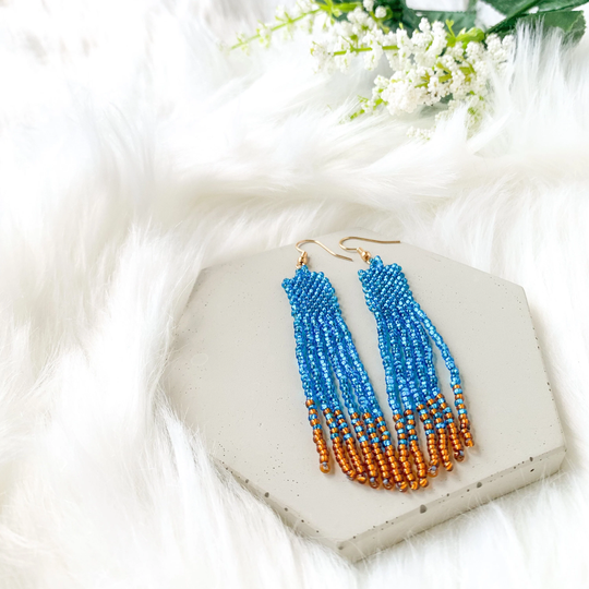 Aquamarine Turquoise Seed Bead Earrings, Fringe Beaded Woven Brick Stitch Tassel Beadwork Earrings