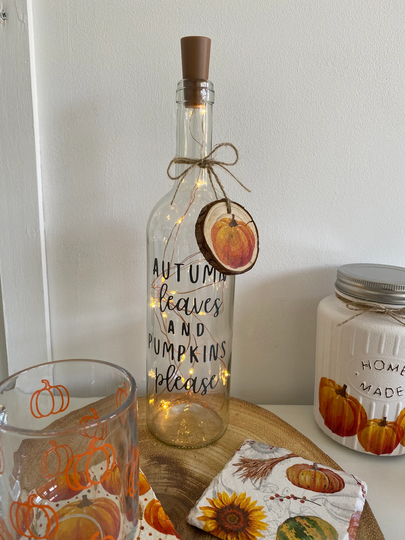 Autumn Bottle Light, Autumn Home Decor, Halloween, Pumpkin Lover Accessories, Cosy Season, Quote