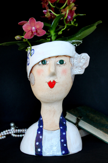 Unique Ceramic Large Size Face Planter, Retro Lady Head Plant Pot, Vintage Interior Vase, in Blue Multi-Purpose Bowl, Gift For Her