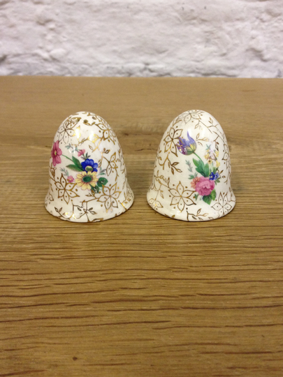 Vintage Gilt Chintz With Purple & Pink Flowers 1950's Bell Shaped Salt & Pepper Pots. Cruet Set, Lovely Condiment Set. in Good Condition