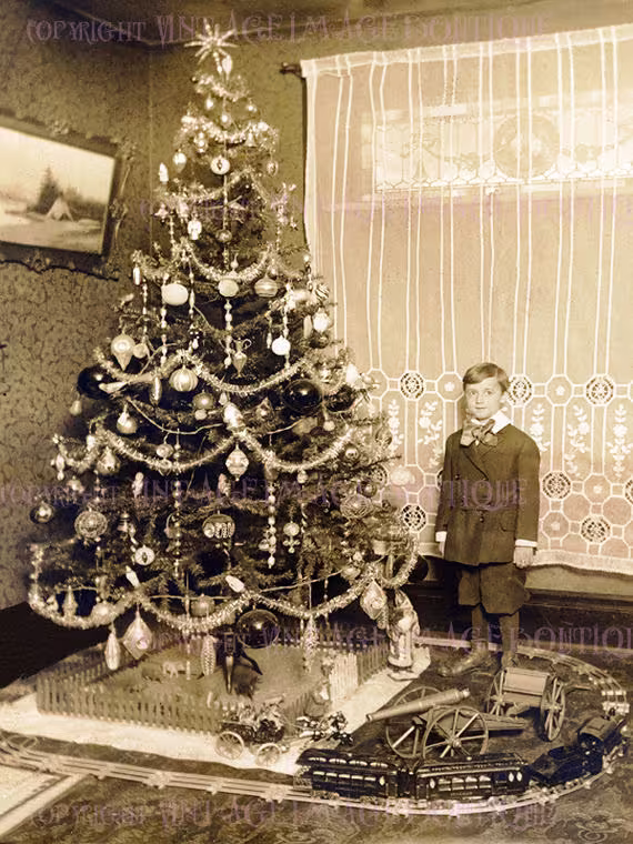 Antique Edwardian Photo Of A Little Boy Beside Christmas Tree Season Winter Solstice Holiday 5x7 Greeting Card