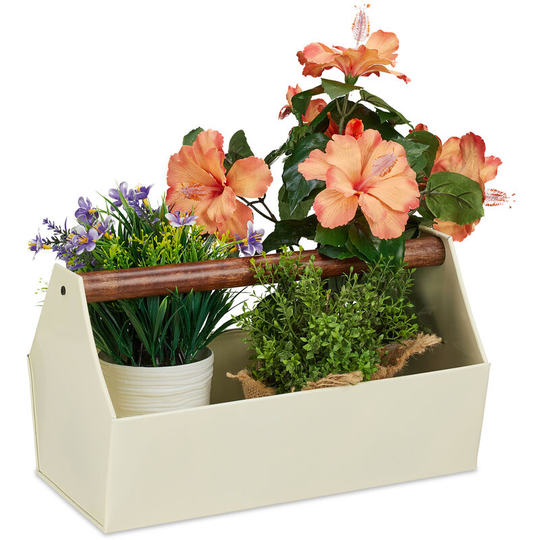 Zinc Box With Wooden Handle, Decor - Tool Box, Flowers & Herbs, Balcony, Planter, Galvanized Iron, Cream - Relaxdays