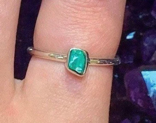 Rough Green Malachite Sterling Silver Ring, Stackable Crystal Jewelry, Heart Chakra, Travel Protection, Healing Stone, Love