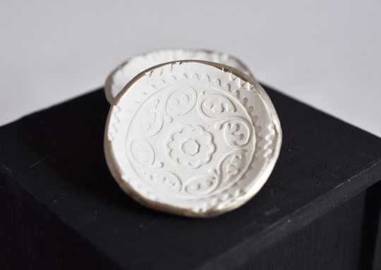 Clearance Small White Floral Dish With Metallic Gold Rim, Ring Bowl, Medicine Mint Polymer Clay