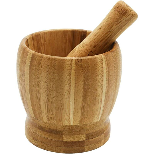 Langray - Bamboo Mortar and Pestle, Garlic Press Ginger Crusher Spices Grinding Set Garlic Mincer Herb Spice Masher Grinder Chopper Kitchen Tool