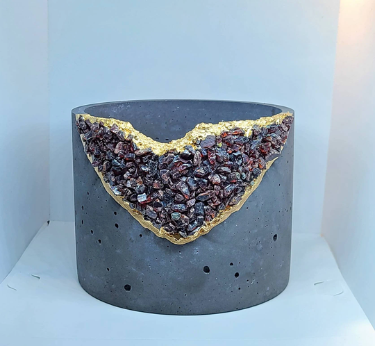 Large 6In Rough Garnet Planter, Gardner Gift For Plant Lover, Black Stone Home Decor, Potted Holder, Fall Patio Gothic Decor