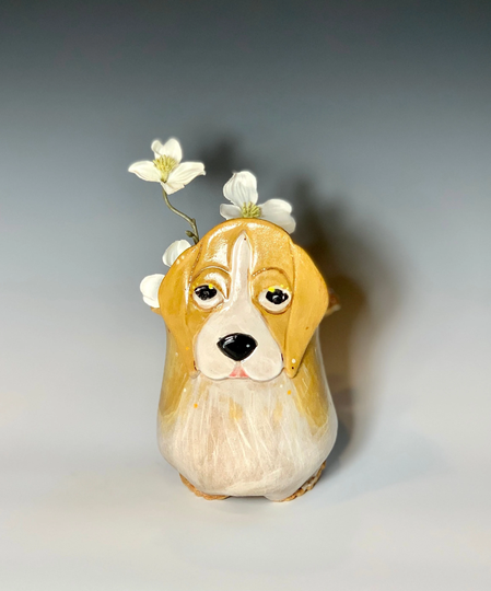 Beagle Or Dog Vase For Succulents, Hand Painted Ceramic Pottery in Buff Clay