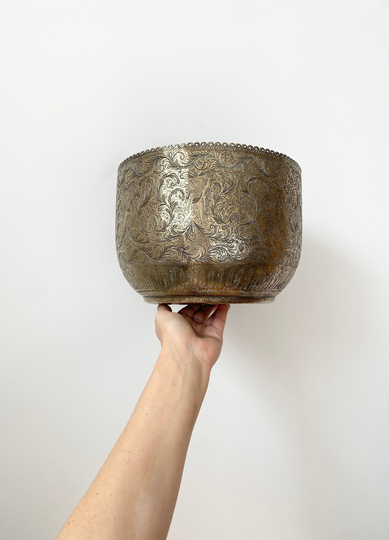 Vintage Hand-Etched Brass Planter, Flower Pot, Plant Boho Home