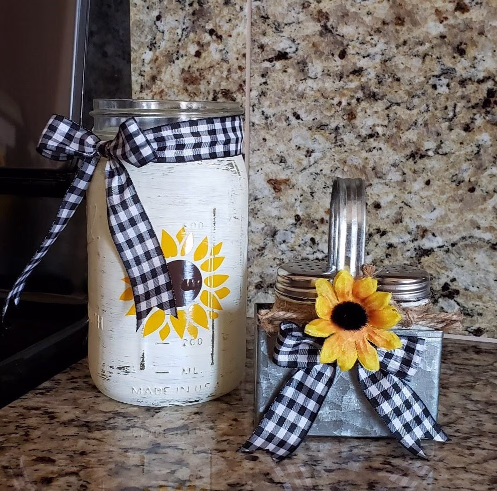 Sunflower Mason Jar With Salt & Pepper Shakers