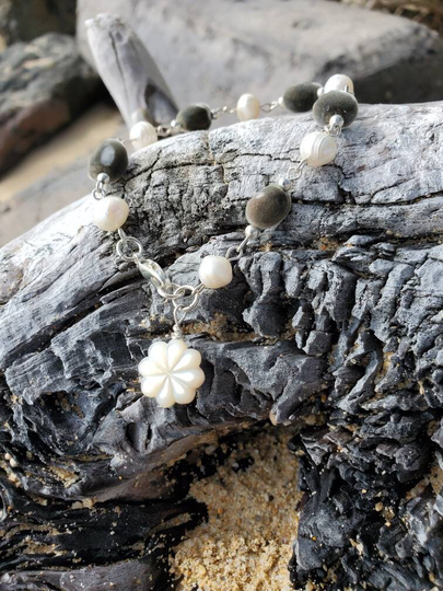 African Mgambo Seed & Pearl Bracelet With Carved Shell Plumeria Charm Silver Plated