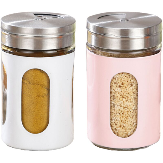 Salt and Pepper Shakers Stainless Steel and Glass Set with Adjustable Pour Holes 1pcs pink + 1pcs white