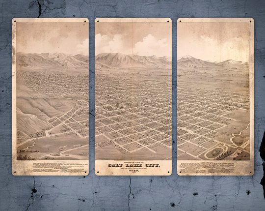 Vintage Map Of Salt Lake City Metal Triptych 36x24