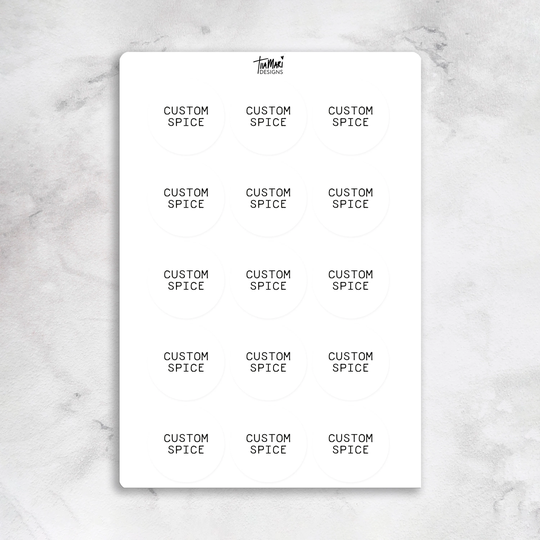 Custom Minimalist Round Spice Jar Labels | Black Or Foil Clear White Sticker Sheet 15 Per Waterproof