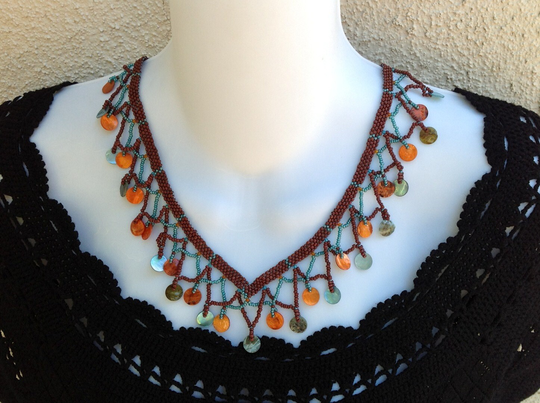 Seed Bead Weaving Blue & Orange Shells Necklace
