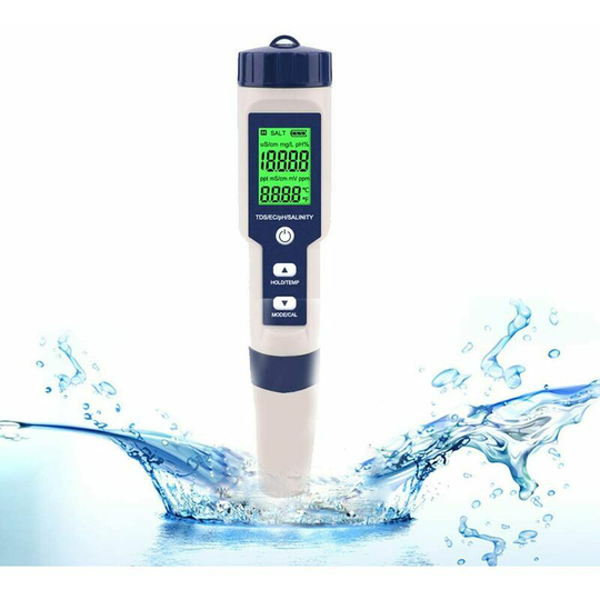 Electronic ph Meter Tester, 5 in 1 ph Tester Pocket Thermometer Water Quality ph ec Salt tds for Home, Pool, Aquarium Water