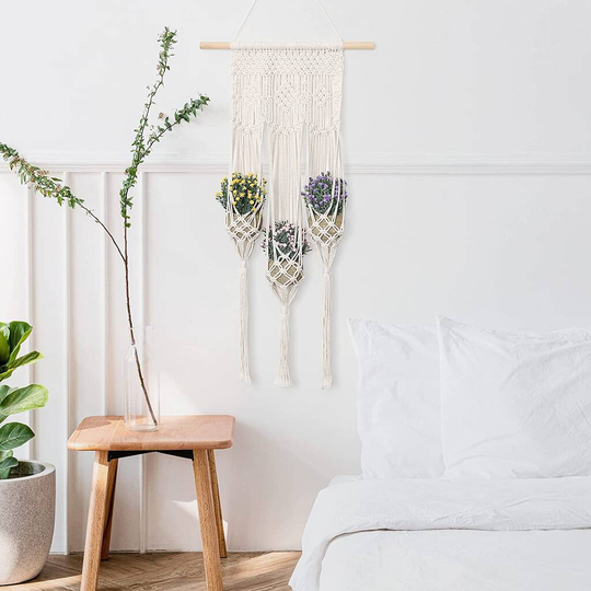 Three Pack Of Beige Macrame Plant Hangers Indoor