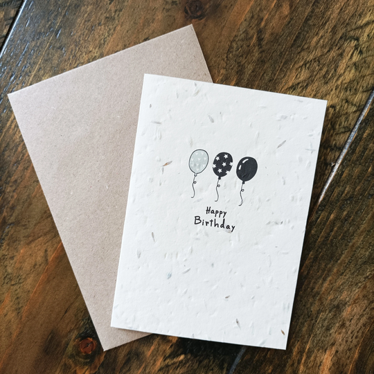 Balloon Design Happy Birthday Plantable Wildflower Seed Greeting Gift Card, A6, Recycled, Compostable, Zero Waste. Vida Natural