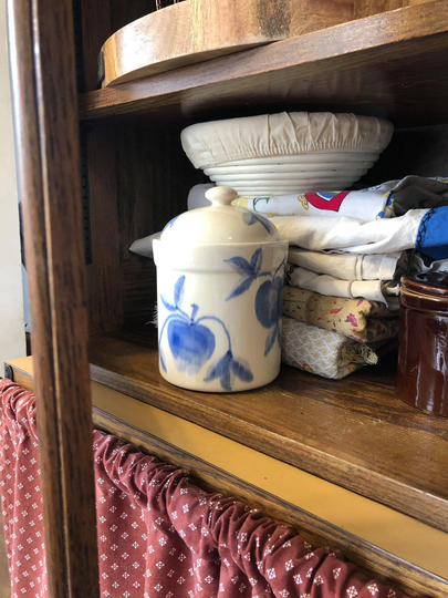 Vintage Handmade Salt Glazed White Cookie Jar With Blue Fruit & Lid