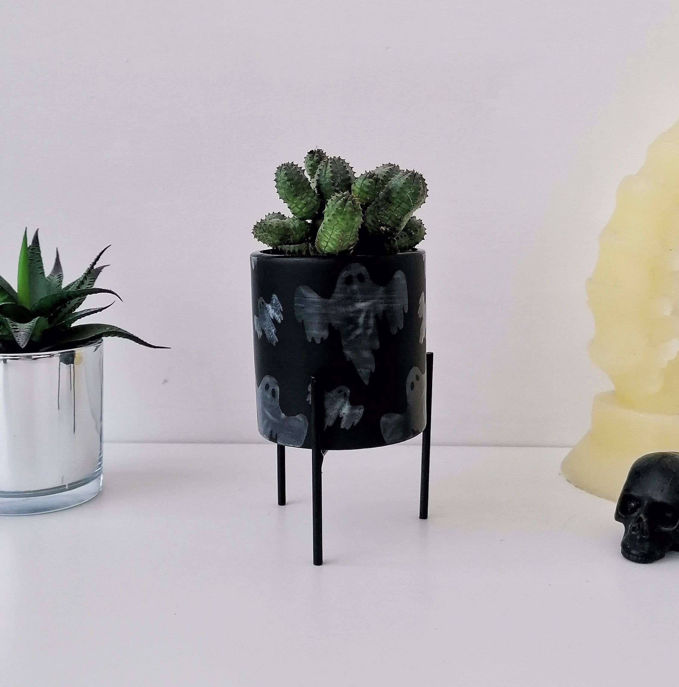Ghost Indoor Planter, Matt Black Ceramic, Plant Stand, Gothic Succulent, Goth Cactus Stands, Weird Wonderful Ceramics, Gift