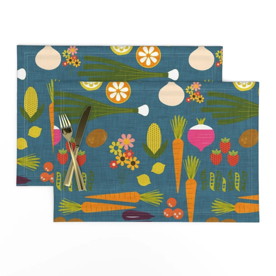 Mod Garden Placemats | Set Of 2 - Vegetable Herb By Bruxamagica Dark Slate Blue Midcentury Modern Cloth Spoonflower