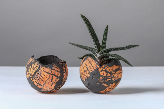 Set Of 2 Small Orange & Black Ceramic Planters, Round Contemporary Pottery Pots