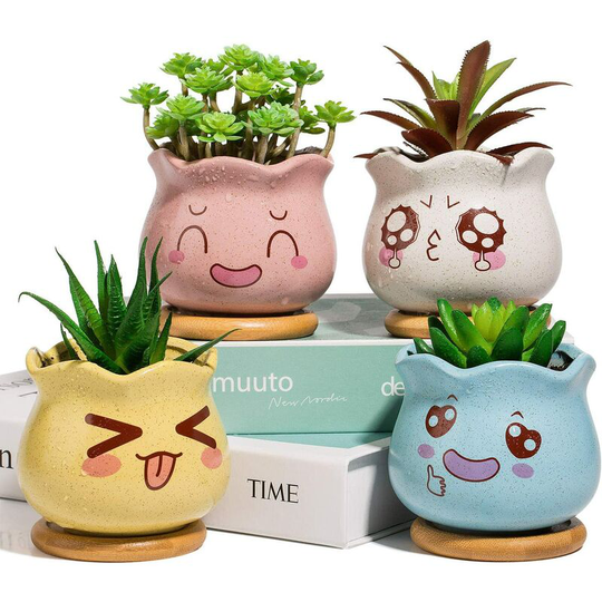 Tinor - Ceramic Flower Pot with Bamboo Tray and Cute Emoticon Decor, Cute Succulent Pot Decor for Home Shelf Office Garden Living Room (4Pcs)