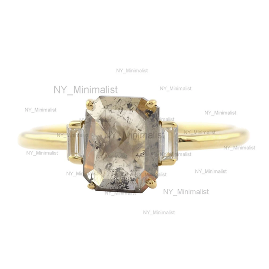 Baguette Pepper Salt Diamond Ring Rough Solid 18K Yellow Gold Grey Certified Promise